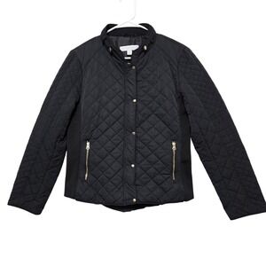 NY&Co Black Quilted Bomber Jacket Gold Zip Mixed Media Women Medium Moto Puffer
